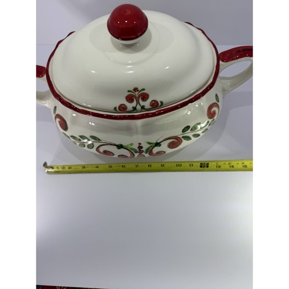 Vintage Hand Painted Soup Tureen with Lid Red Green Scroll Floral Made In Italy - Picture 5 of 9